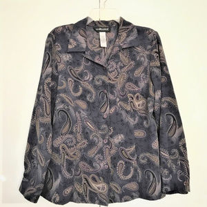 Sag Harbor Petite 14 Paisley Button Up Blouse Gray Black Long Sleeve